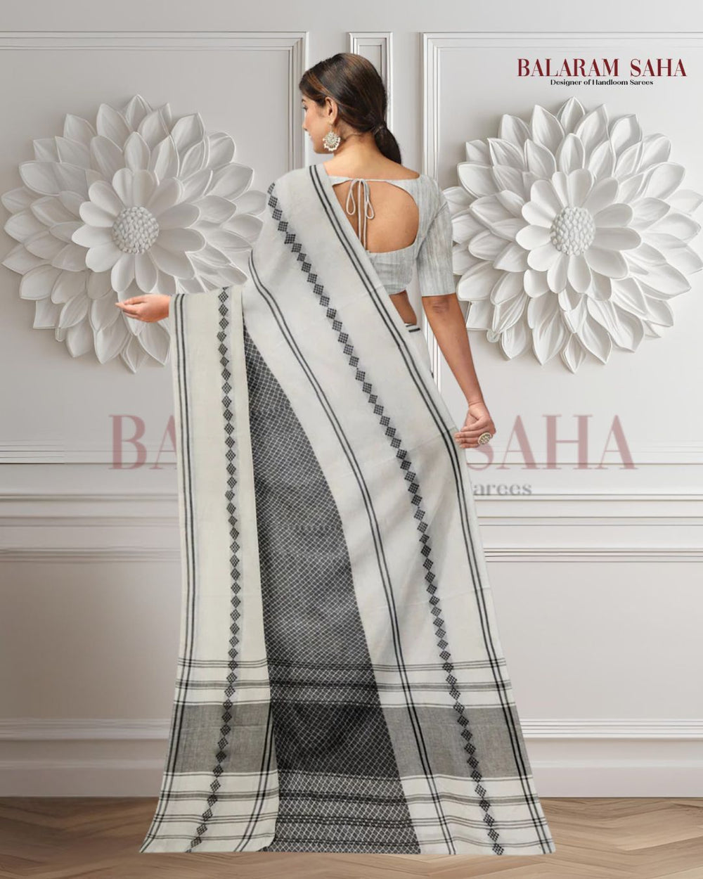 White & Black Handloom Soft Traditional Dhonekali Cotton Saree Balaram Saha