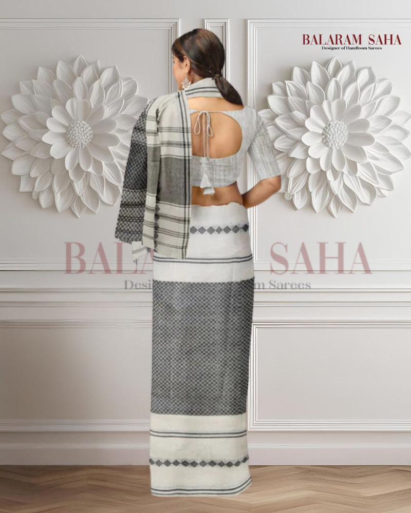 White & Black Handloom Soft Traditional Dhonekali Cotton Saree Balaram Saha