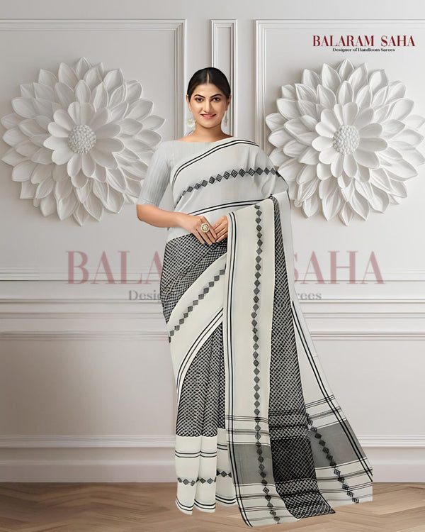 White & Black Handloom Soft Traditional Dhonekali Cotton Saree Balaram Saha
