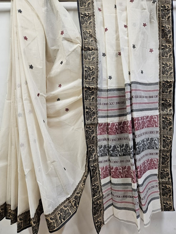 White and Black Traditional Cotton Baluchuri Saree by Balaram Saha - (cotton saree, handloom cotton saree, balaram saha online, handloom sarees, cotton handloom saree, bengal handloom sarees, pure cotton, cotton saree for women, cotton saree online, Baluchuri Saree)  https://as.com/