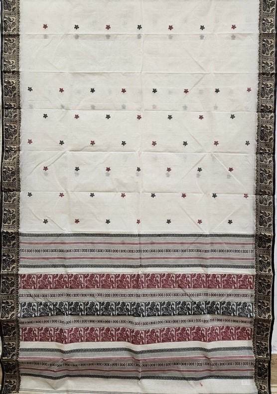 White and Black Traditional Cotton Baluchuri Saree by Balaram Saha - (cotton saree, handloom cotton saree, balaram saha online, handloom sarees, cotton handloom saree, bengal handloom sarees, pure cotton, cotton saree for women, cotton saree online, Baluchuri Saree)