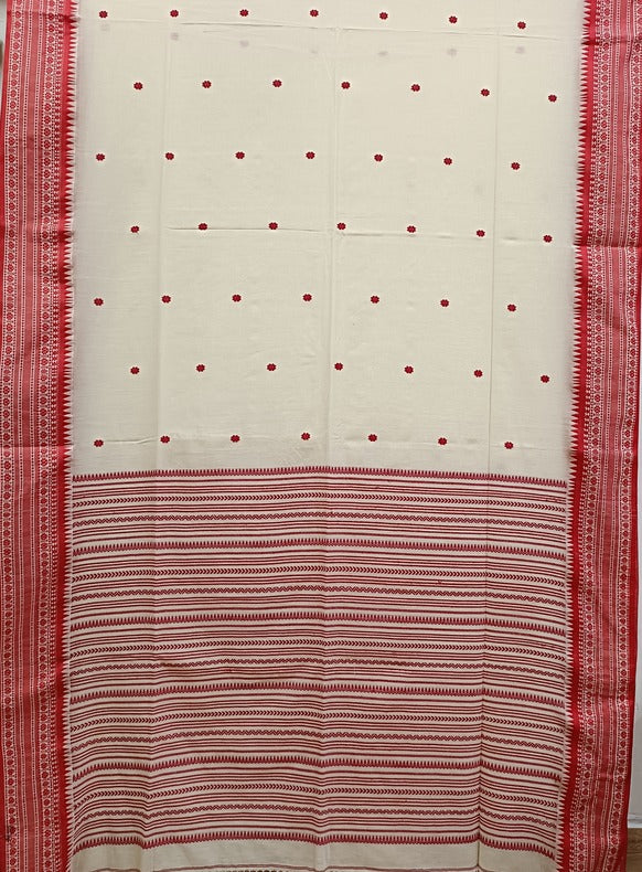 White and Red Soft Handloom Cotton Saree by Balaram Saha - (handloom saree, cotton saree, handloom cotton saree, balaram saha online, handloom sarees, cotton handloom saree, bengal handloom sarees, pure cotton, cotton saree for women, cotton saree online)