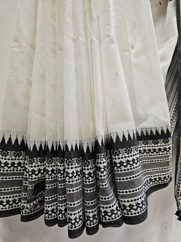 Elevate your ethnic wardrobe with our White and Black Handloom Soft Cotton Saree Balaram Saha