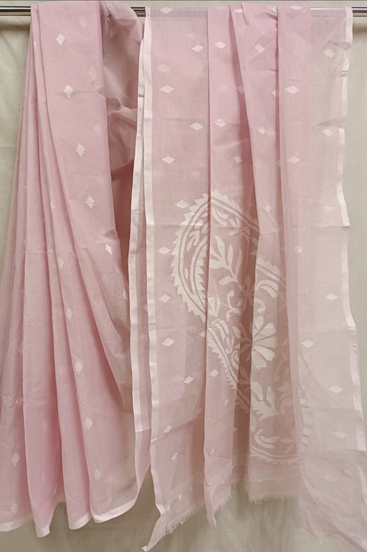 Baby Pink & White, Traditional Cotton handwoven Jamdani saree Balaram Saha