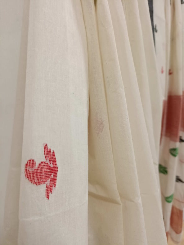 White & Multicolor handloom Handwoven Cotton saree Balaram Saha