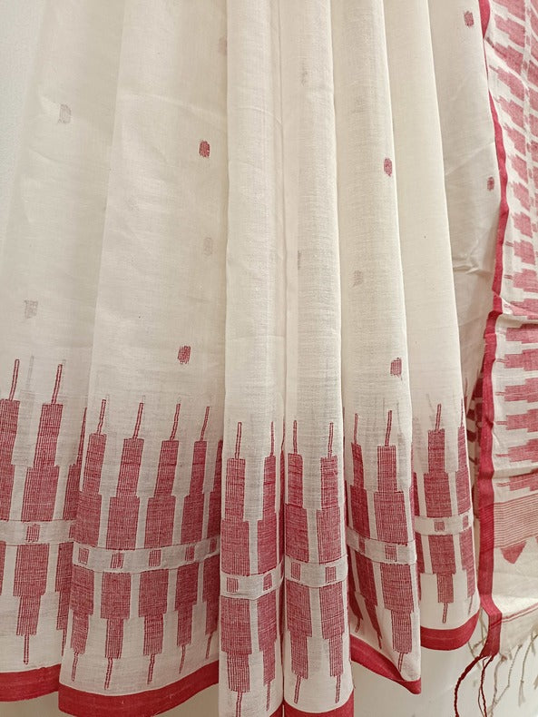White & Red Handloom Handwoven Cotton Jamdani Saree Balaram Saha