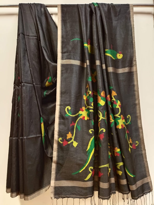 Black Katan Silk Handwoven Jamdani Saree Balaram Saha