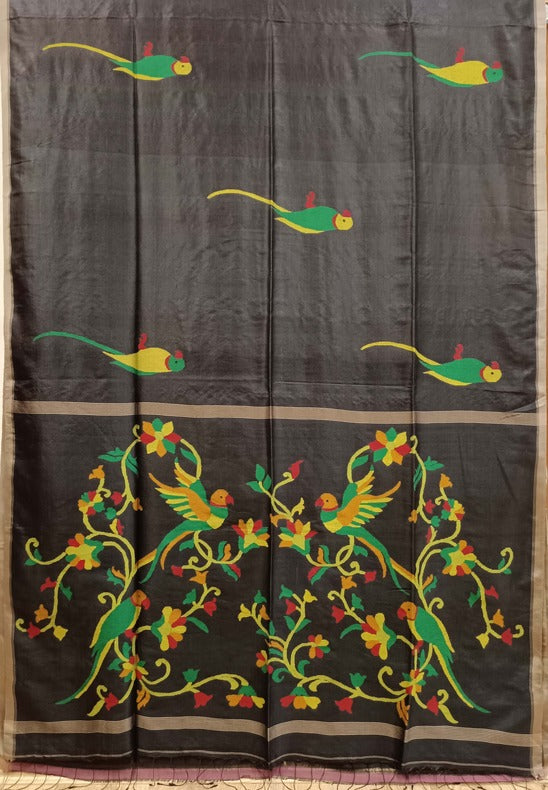 Black Katan Silk Handwoven Jamdani Saree Balaram Saha