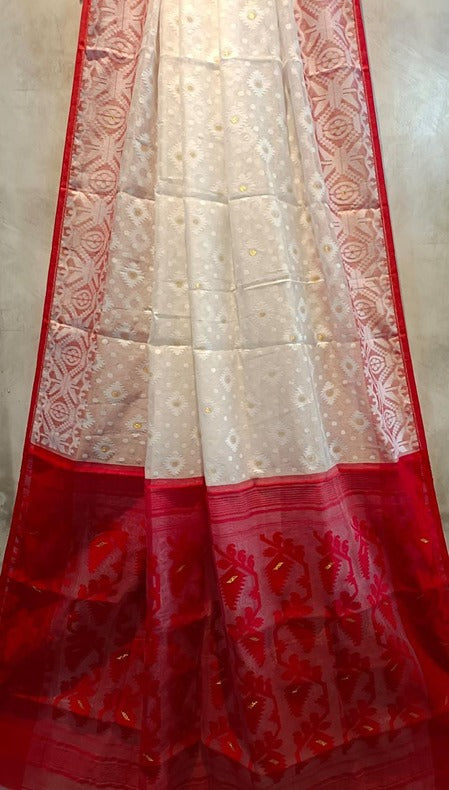 Red and White Garad Silk Saree with golden Butti - Loomfolks