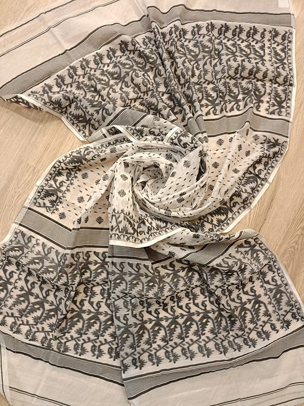 White & Black handloom jacquard Weave Jamdani Dupatta Balaram Saha