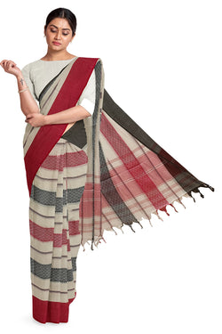 White on Red/Black handloom Traditional Dhonekali  Cotton Saree Balaram Saha