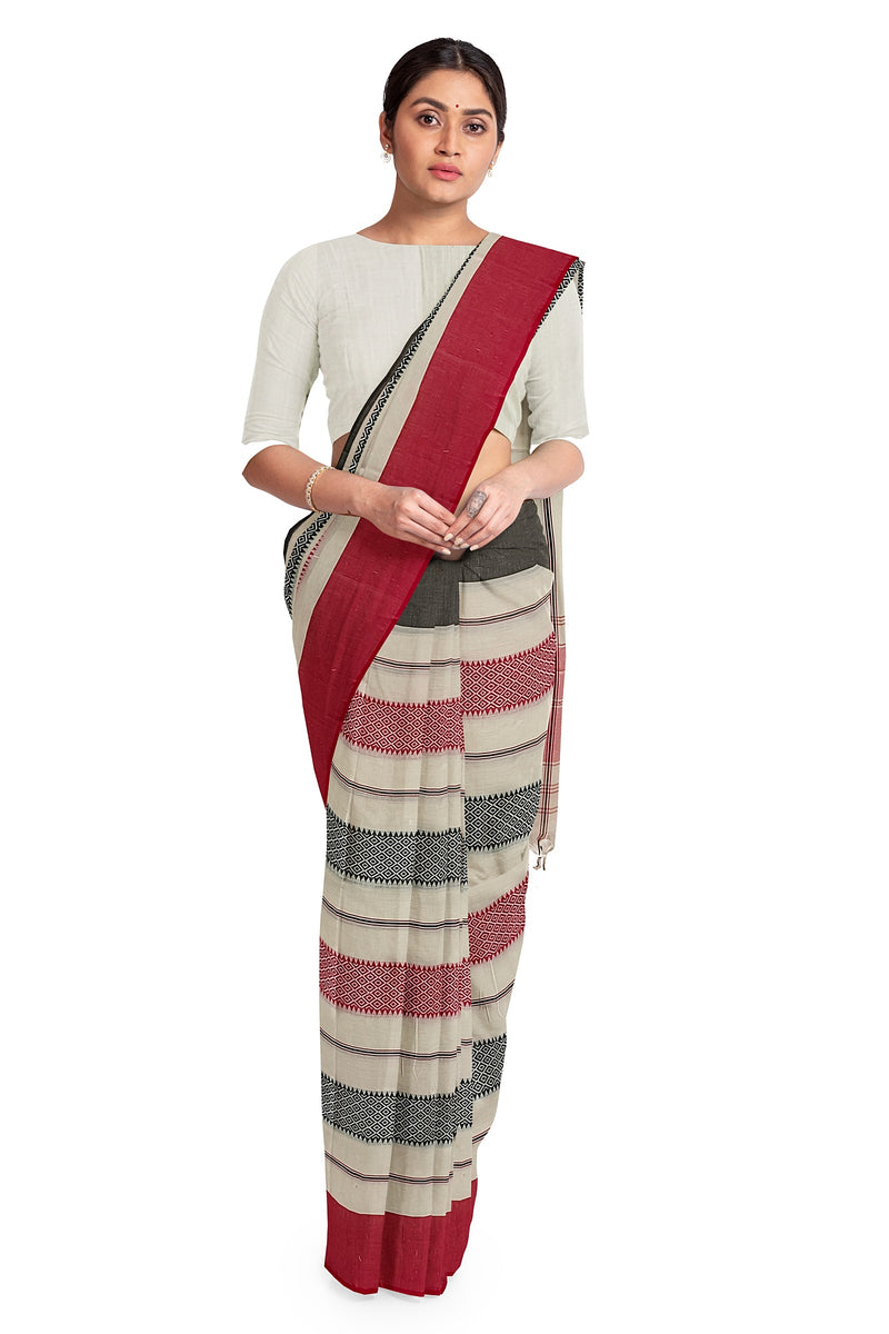 White on Red/Black handloom Traditional Dhonekali  Cotton Saree Balaram Saha