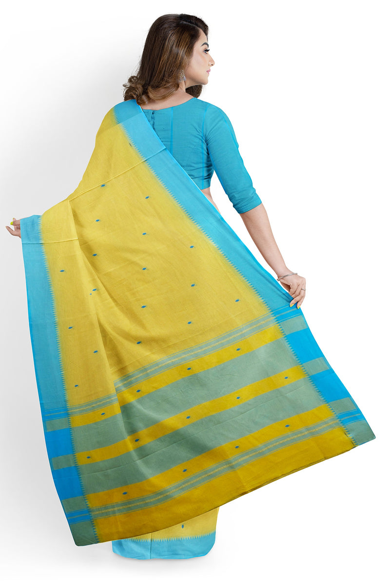 Balaram Saha : Yellow & Blue Handloom Dhonekali Cotton Saree (handloom saree, cotton saree, handloom cotton saree, balaram saha online, handloom sarees, balaram saha handloom saree store photos, balaram saha handloom saree store, cotton handloom saree, bengal handloom sarees, pure cotton, cotton saree for women, dhonekali, cotton saree online)  https://www.addtoany.com/