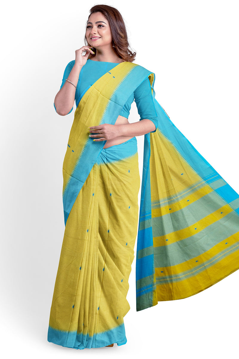 Balaram Saha : Yellow & Blue Handloom Dhonekali Cotton Saree (handloom saree, cotton saree, handloom cotton saree, balaram saha online, handloom sarees, balaram saha handloom saree store photos, balaram saha handloom saree store, cotton handloom saree, bengal handloom sarees, pure cotton, cotton saree for women, dhonekali, cotton saree online)   https://x.com/?lang=en&mx=2