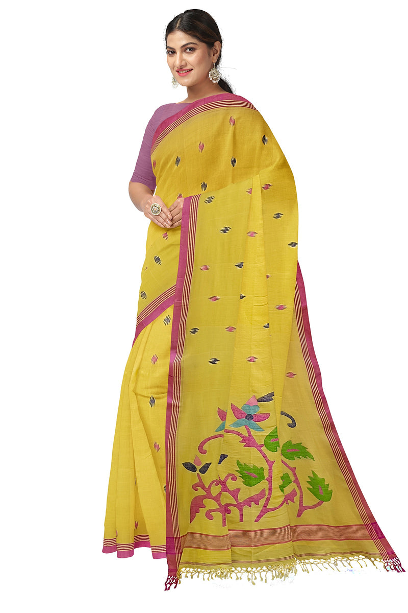 Yellow & pink Soft Cotton Handwoven Jamdani Saree Balaram Saha