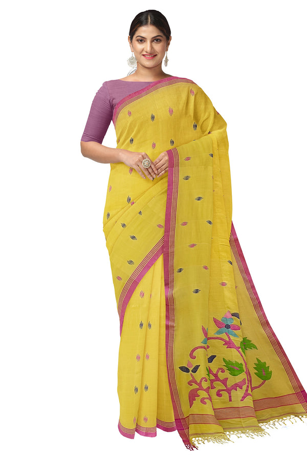 Yellow & pink Soft Cotton Handwoven Jamdani Saree Balaram Saha