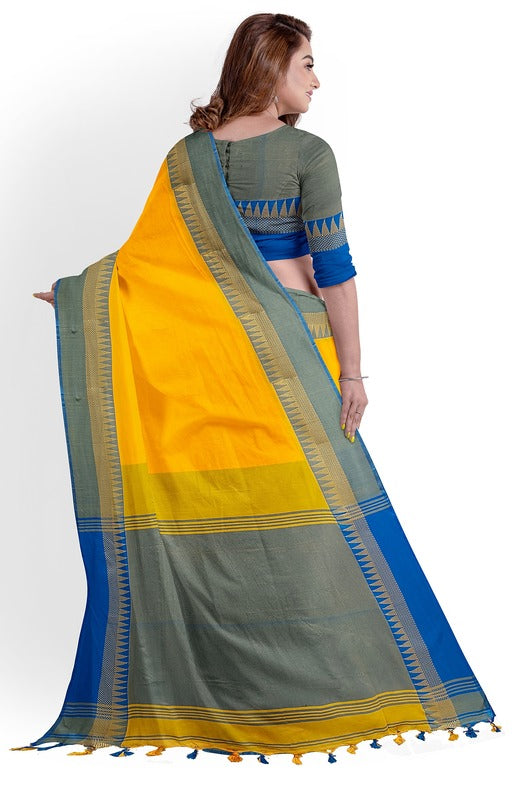 Yellow body and Blue Anchal Handloom Cotton Saree
