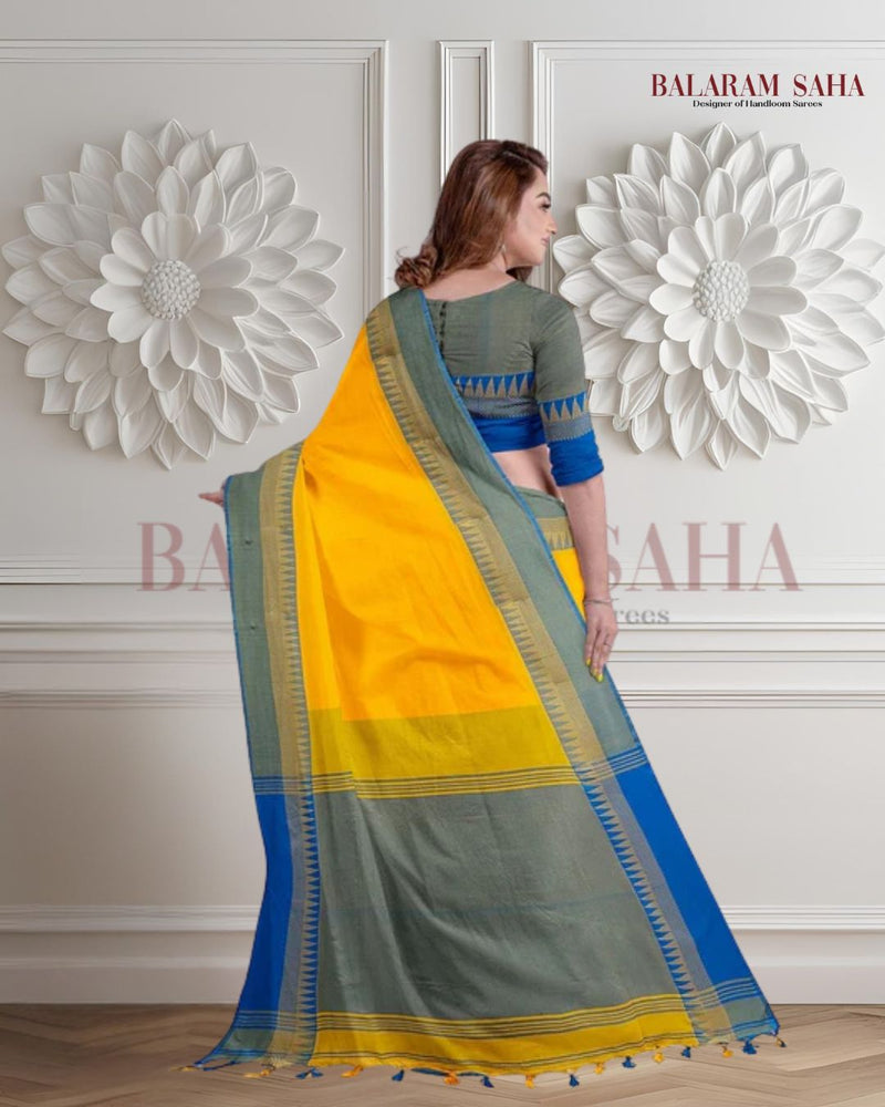 Yellow body and Blue Anchal Handloom Cotton Saree Balaram Saha