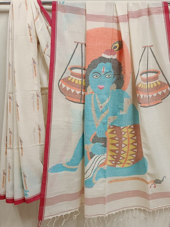 Handloom Handspun Cotton Jamdani Saree with Flute and Bal Krishna Motifs Balaram Saha