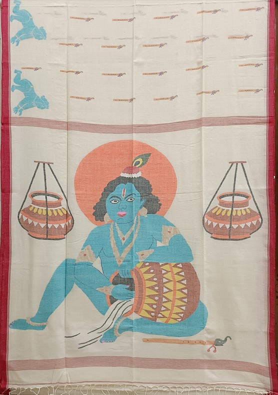 Handloom Handspun Cotton Jamdani Saree with Flute and Bal Krishna Motifs Balaram Saha