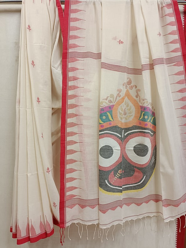 Handloom Handspun Cotton Jamdani Saree with Floral Booties and Jagannath Motifs Balaram Saha