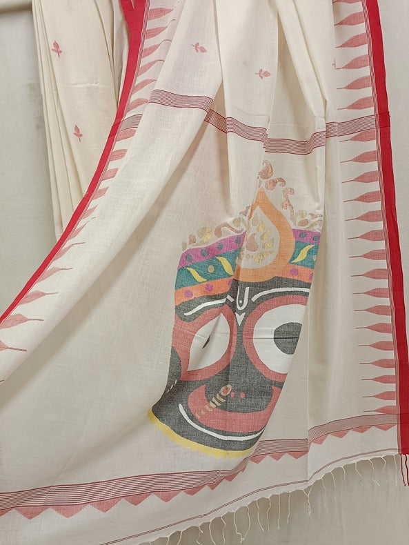 Handloom Handspun Cotton Jamdani Saree with Floral Booties and Jagannath Motifs Balaram Saha