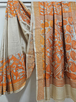 Beige & Red Kantha Magic: Balaram Saha's Gachhi Tussar Silk Saree Balaram Saha