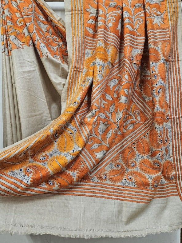 Beige & Red Kantha Magic: Balaram Saha's Gachhi Tussar Silk Saree Balaram Saha