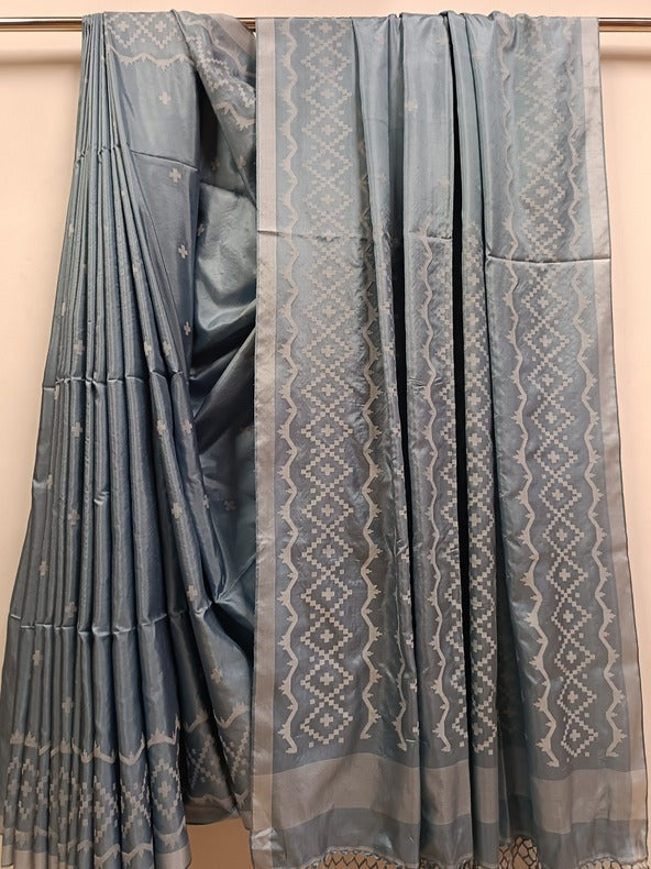 Light Blue & White Handloom Katan Silk Handwoven Jamdani Saree Balaram Saha