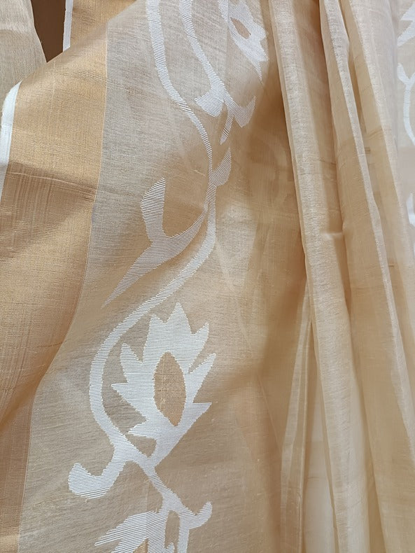 Beige White Handloom Tussare Silk Saree With Handwoven Jamdani Balaram Saha