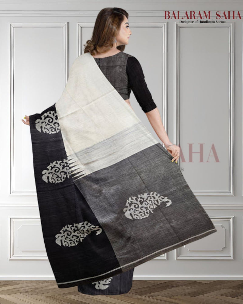 White and black Handloom Matka Silk Saree With Black Broad Border Balaram Saha