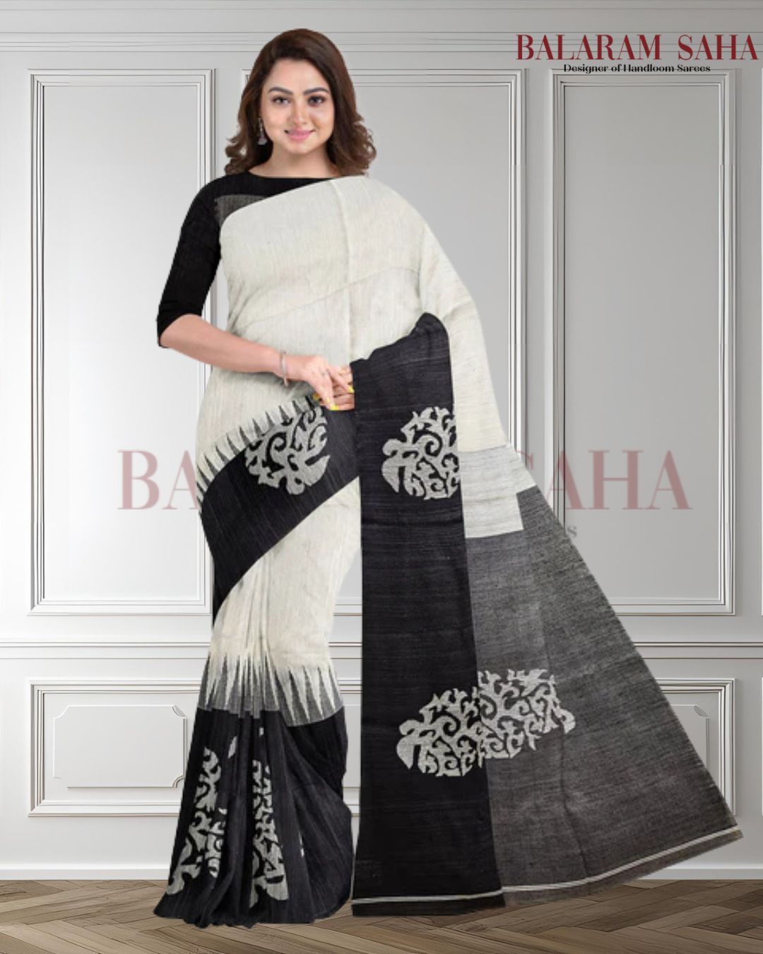 White and black Handloom Matka Silk Saree With Black Broad Border