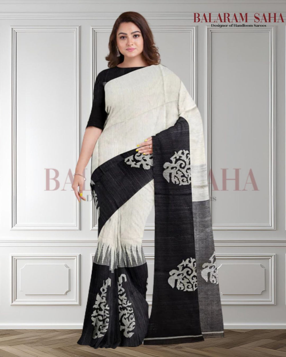 White and black Handloom Matka Silk Saree With Black Broad Border Balaram Saha