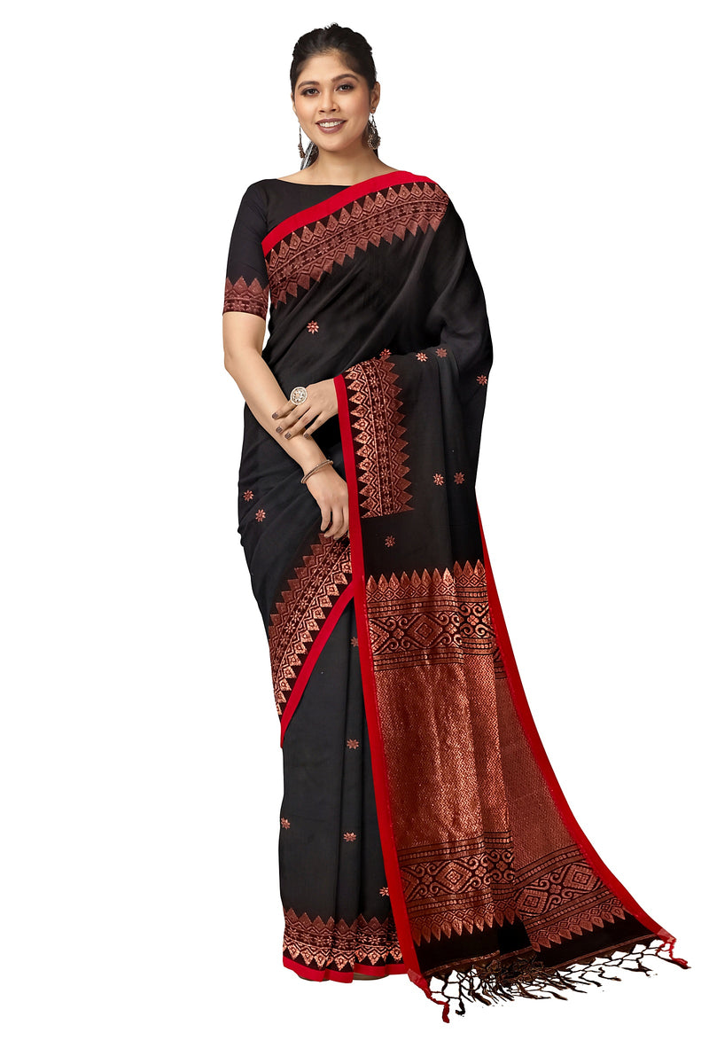 Black and Red/Copper Soft Handloom Cotton Banarasi Saree Balaram Saha