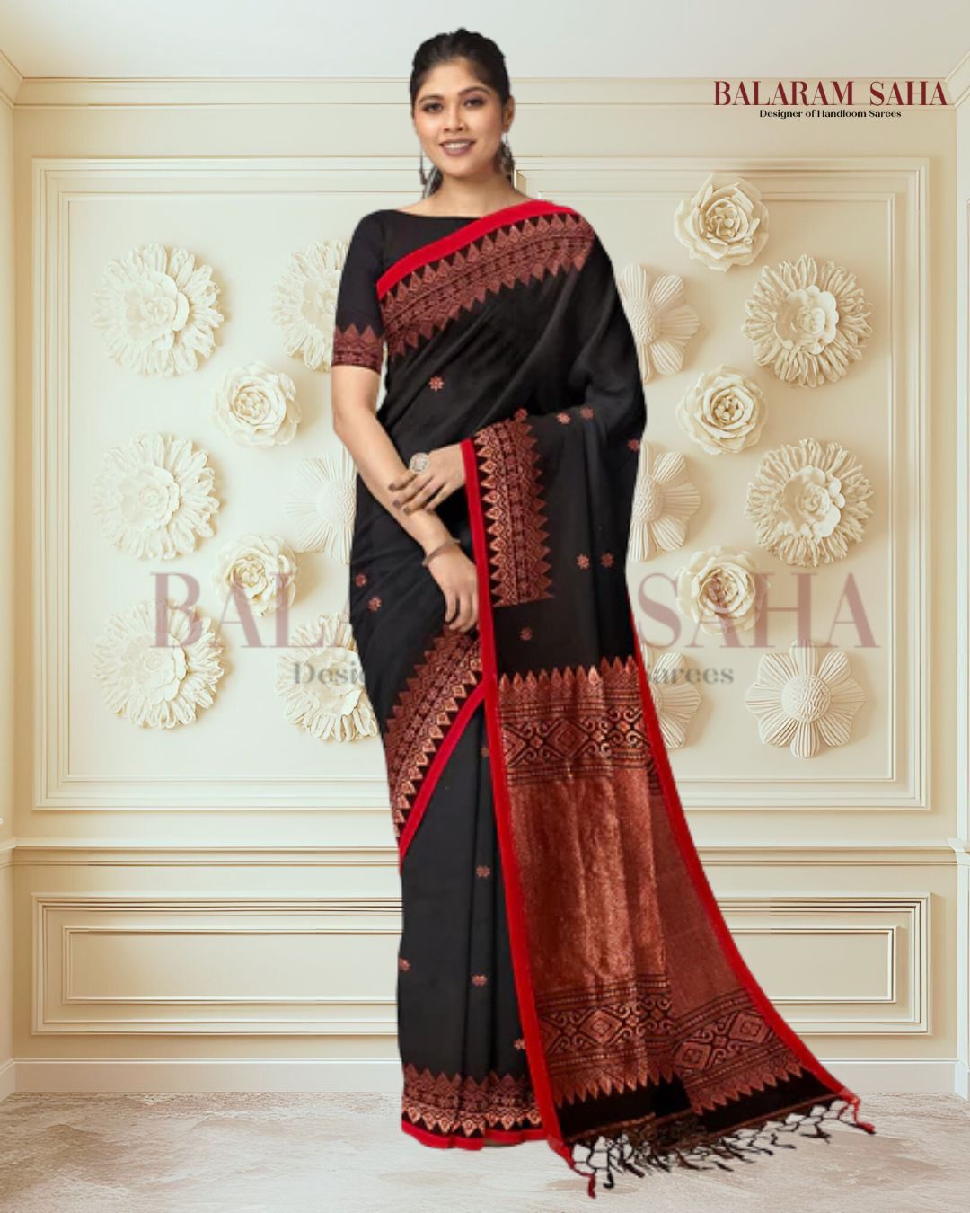 Black and Red/Copper Soft Handloom Cotton Banarasi Saree Balaram Saha