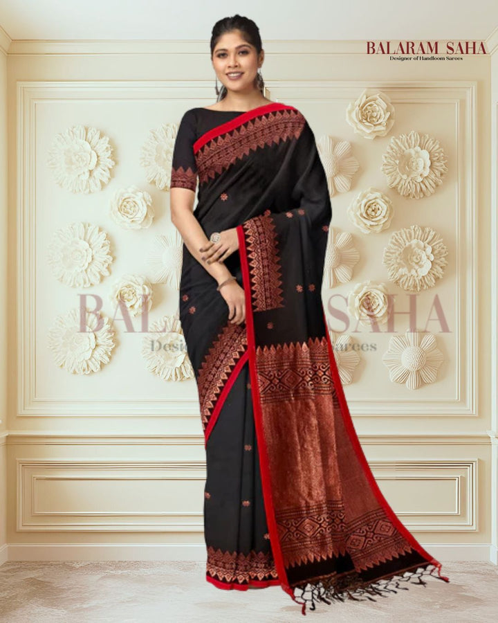 Black and Red/Copper Soft Handloom Cotton Banarasi Saree Balaram Saha