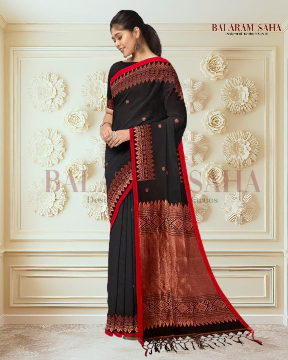 Black and Red/Copper Soft Handloom Cotton Banarasi Saree Balaram Saha