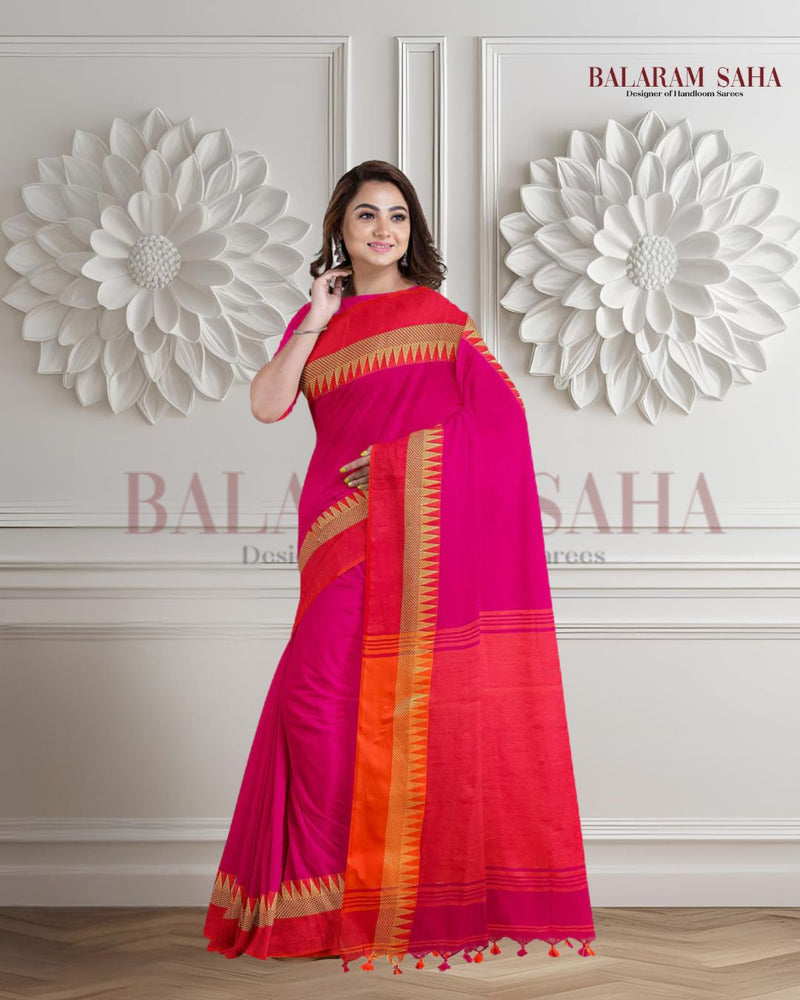 Rani Pink body and Orange Anchal Handloom Cotton Saree Balaram Saha