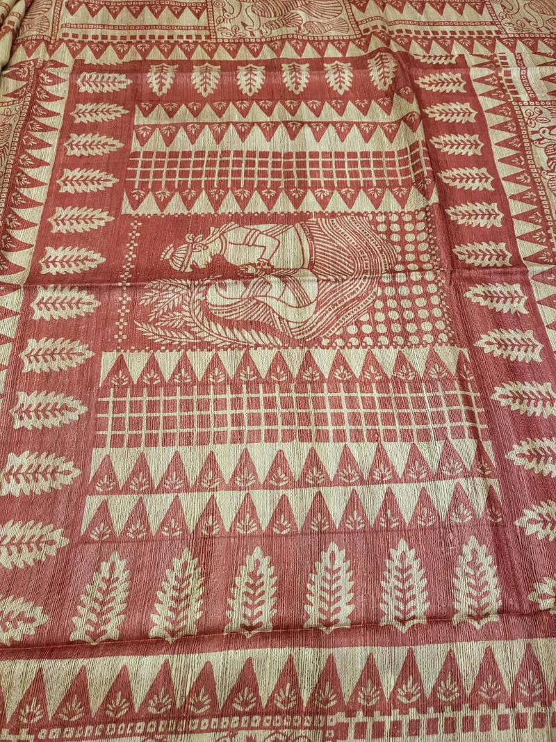 Pure Tussar/Ghicha Silk saree in the natural shade with Red hand block print Balaram Saha