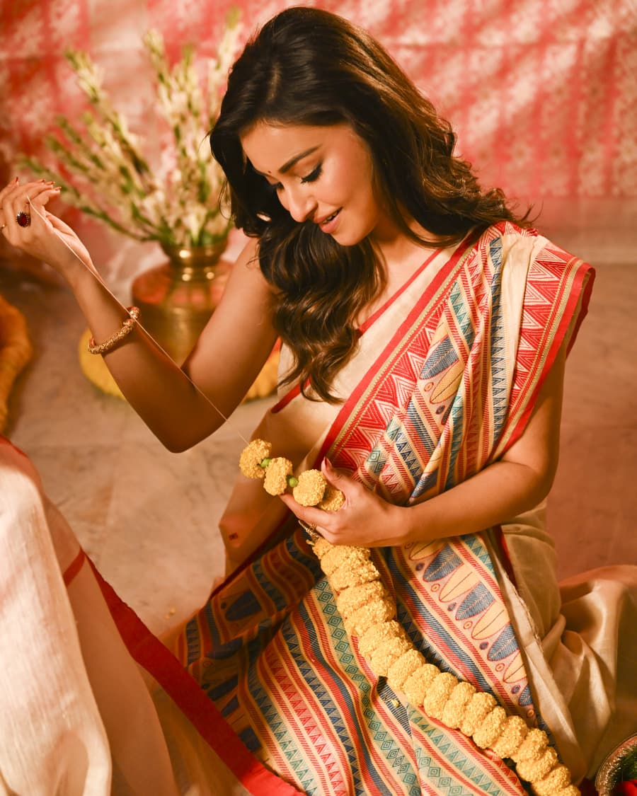 Elegant Tussar Silk Saree with Multicolor Geometric Aanchal & Red Temple Border Balaram Saha