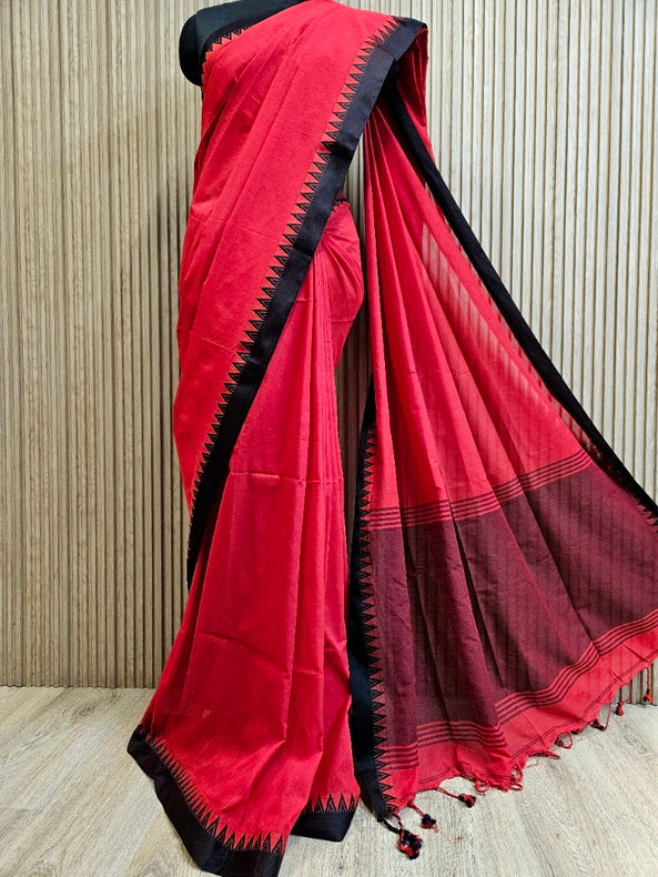 Red &amp; Black Soft Handloom Cotton Saree with Black Woven Temple Border Balaram Saha