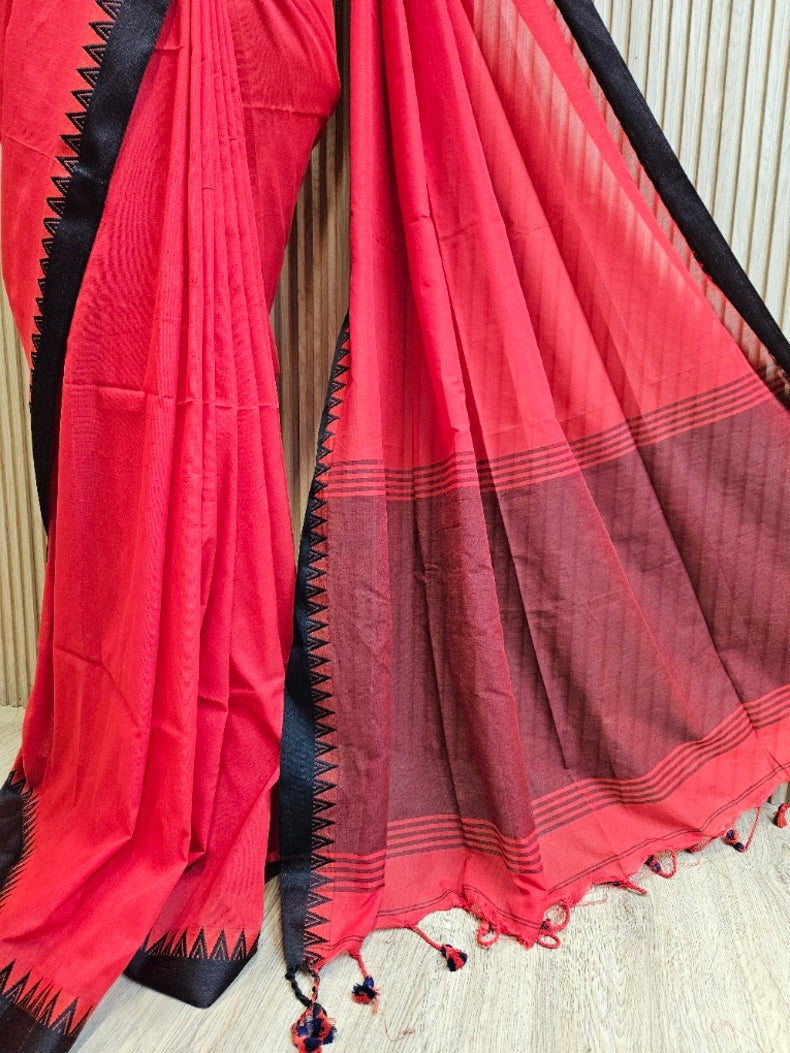 Red &amp; Black Soft Handloom Cotton Saree with Black Woven Temple Border Balaram Saha
