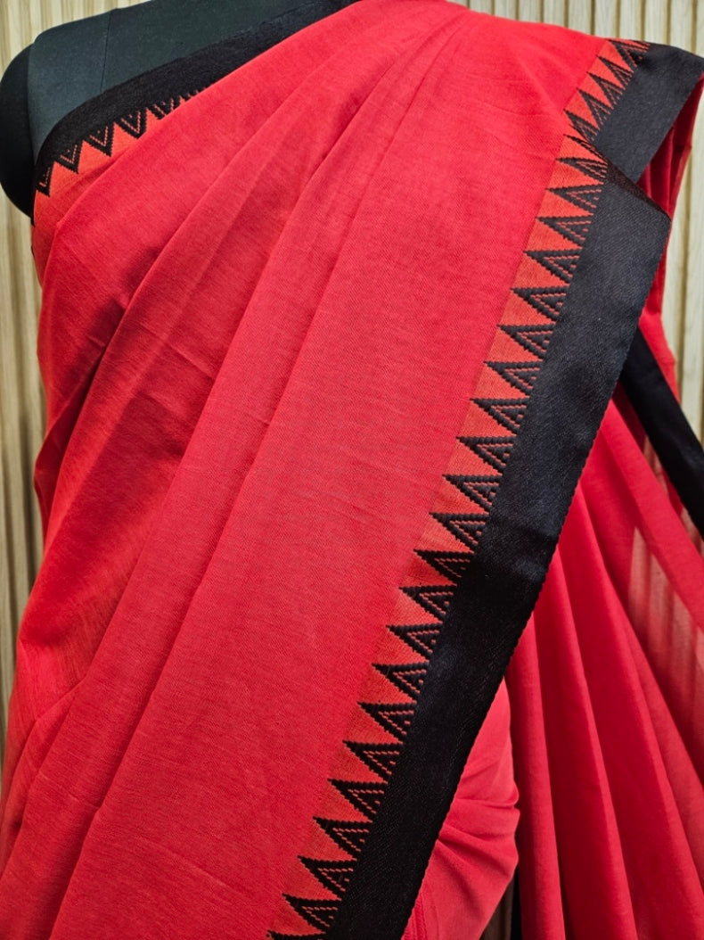 Red &amp; Black Soft Handloom Cotton Saree with Black Woven Temple Border Balaram Saha