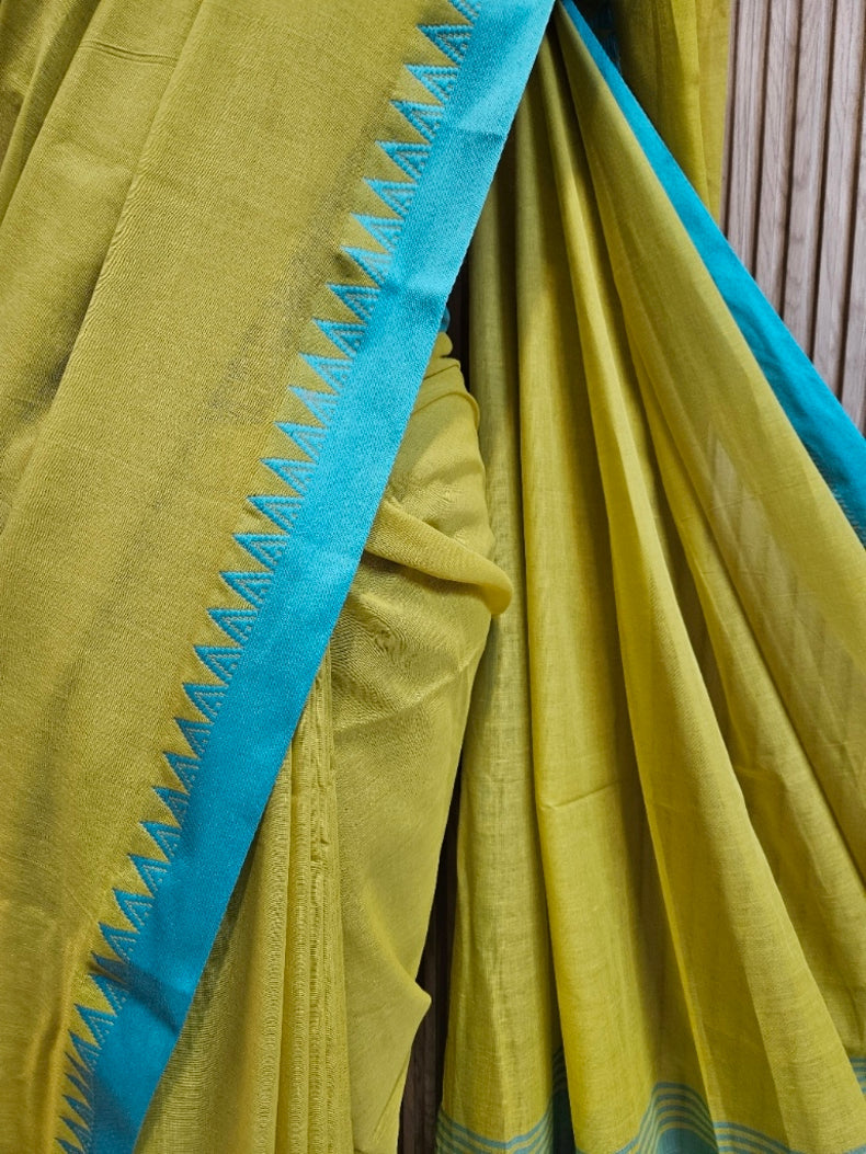 Mustard Green & Blue Soft Handloom Cotton Saree with Blue Woven Temple Border Balaram Saha
