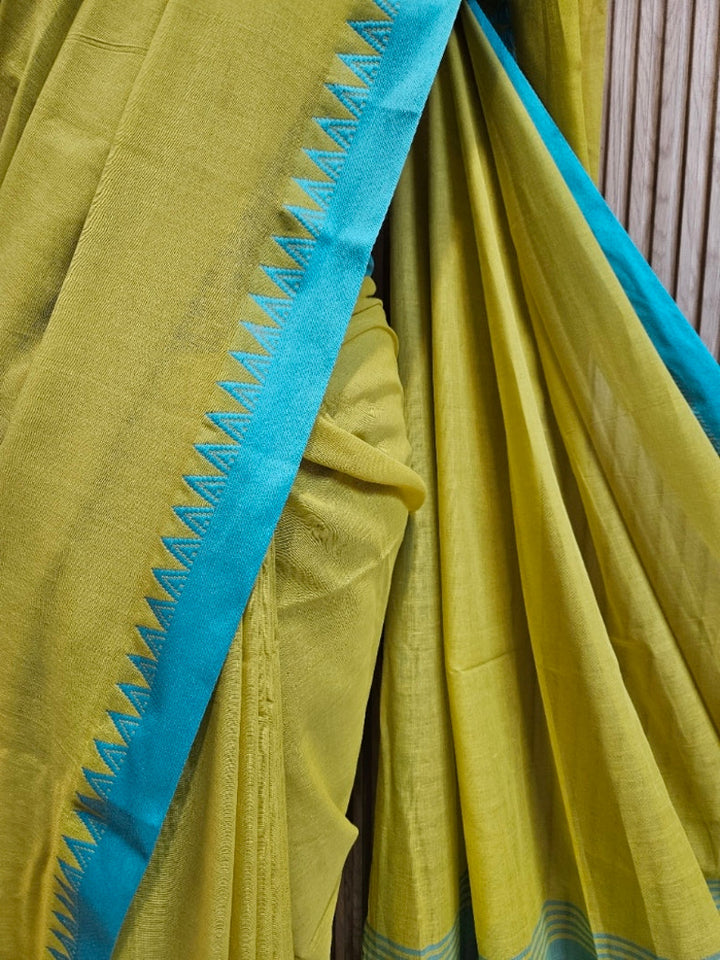 Mustard Green & Blue Soft Handloom Cotton Saree with Blue Woven Temple Border Balaram Saha