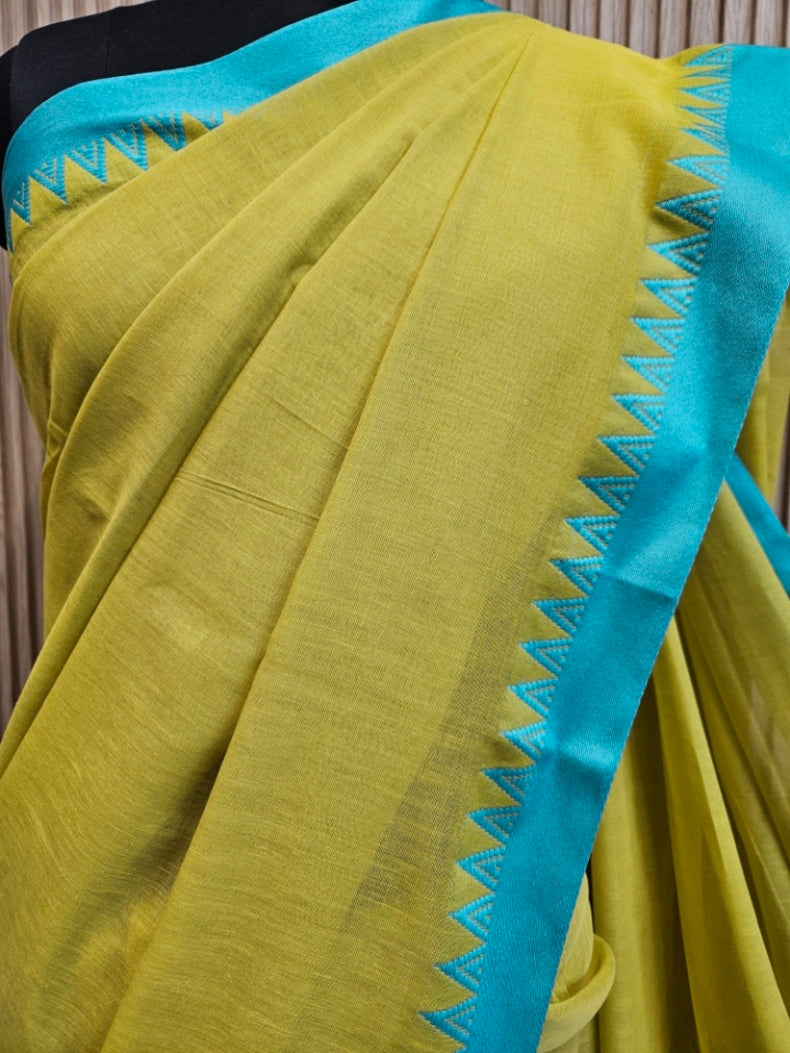 Mustard Green & Blue Soft Handloom Cotton Saree with Blue Woven Temple Border Balaram Saha