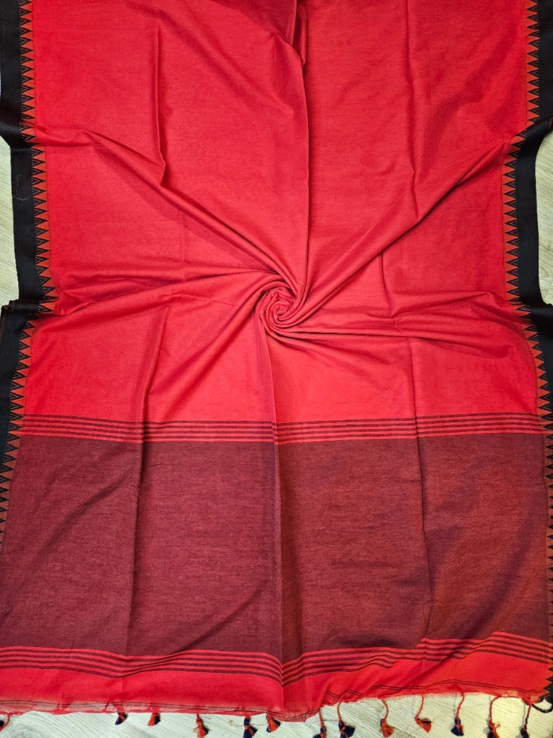 Red &amp; Black Soft Handloom Cotton Saree with Black Woven Temple Border Balaram Saha