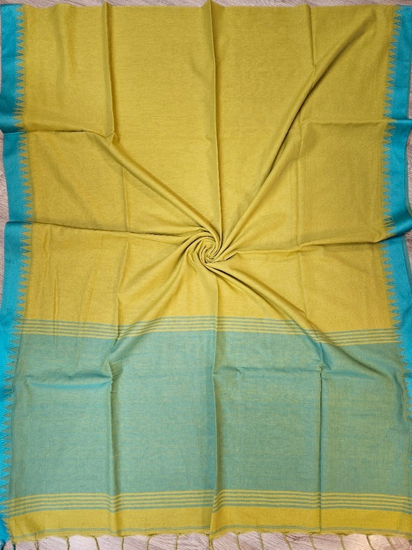 Mustard Green & Blue Soft Handloom Cotton Saree with Blue Woven Temple Border Balaram Saha