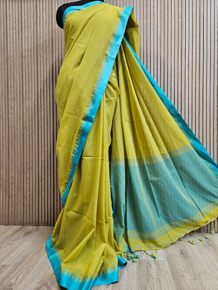 Mustard Green & Blue Soft Handloom Cotton Saree with Blue Woven Temple Border Balaram Saha