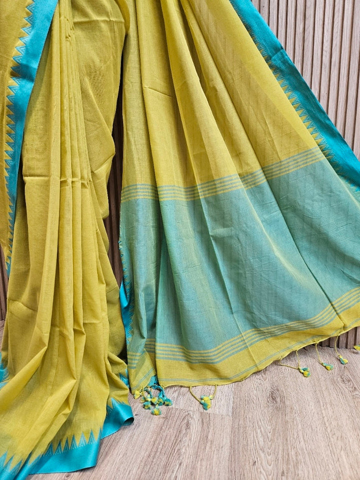 Mustard Green & Blue Soft Handloom Cotton Saree with Blue Woven Temple Border Balaram Saha
